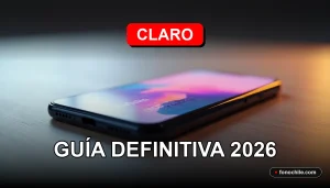 Claro Chile smartphone con pantalla mostrando gráficos abstractos de colores, descansando sobre una mesa de madera clara.