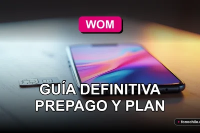 Smartphone WOM mostrando gráficos abstractos de colores, reposando sobre una mesa de madera clara junto a una tarjeta SIM.