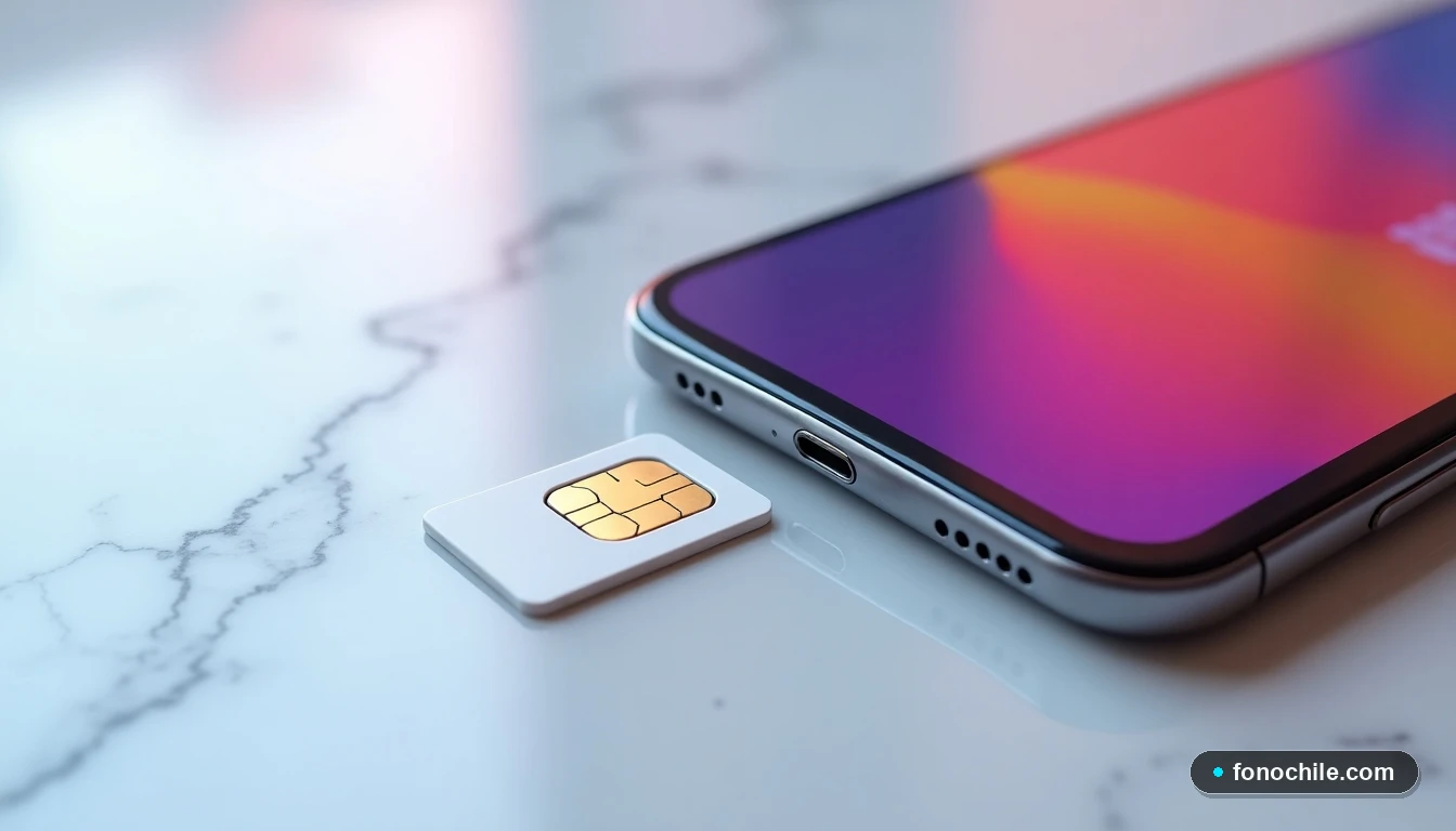 Detalle de una tarjeta SIM WOM junto a un teléfono en una superficie blanca, representando la gestión de tu línea móvil.