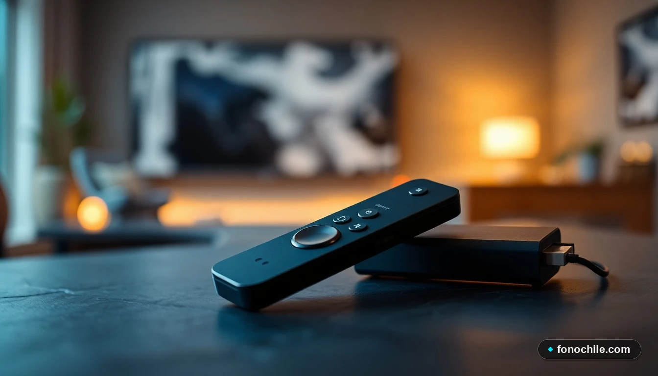 Primer plano de dispositivo de streaming moderno y control remoto para configurar servicios digitales.