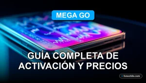 Un moderno smartphone y una tarjeta SIM Mega Go descansando sobre una mesa de cristal, con gráficos abstractos de colores en la pantalla.