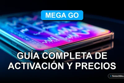 Un moderno smartphone y una tarjeta SIM Mega Go descansando sobre una mesa de cristal, con gráficos abstractos de colores en la pantalla.