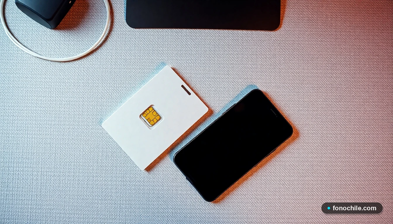 Vista cenital de un escritorio minimalista con un smartphone y el empaque de una tarjeta SIM Mega Go, en un ambiente de trabajo moderno.