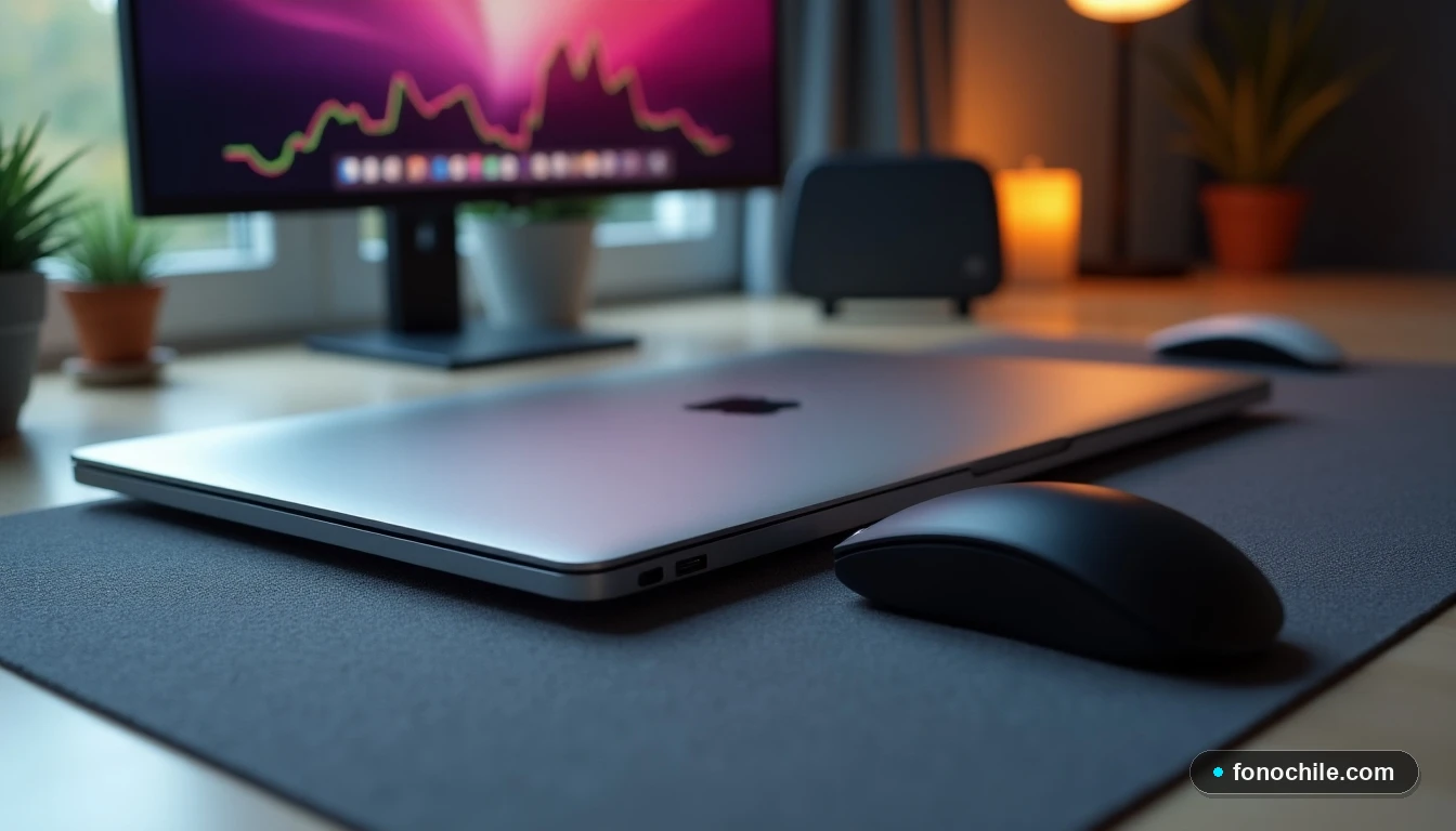 Vista aérea de una configuración de escritorio minimalista con portátil, ratón y mando a distancia, para acceder a contenidos deportivos en streaming.