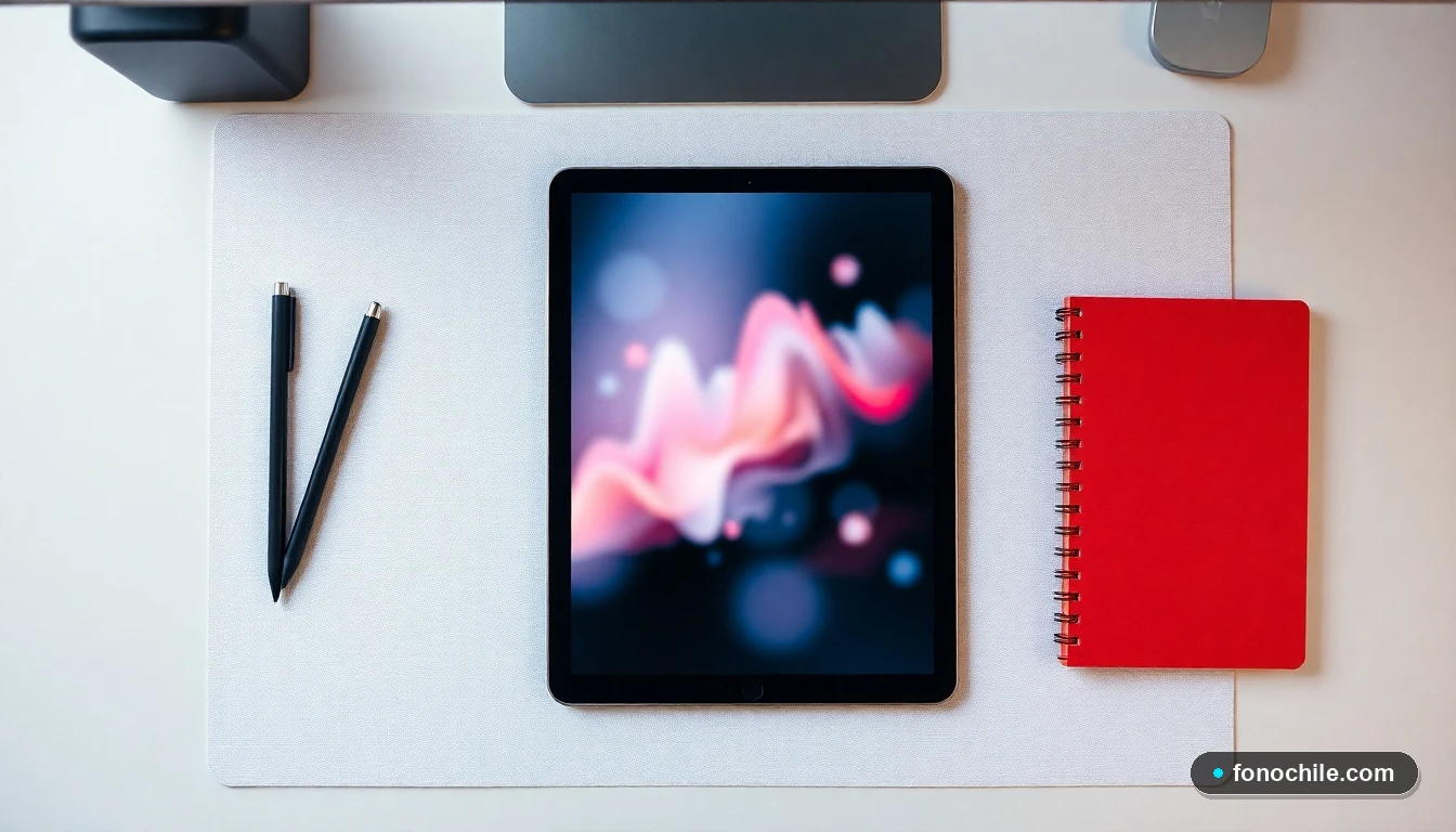 Vista aérea de una tablet y un lápiz digital sobre un escritorio ordenado, representando la gestión de pagos y servicios en el hogar.