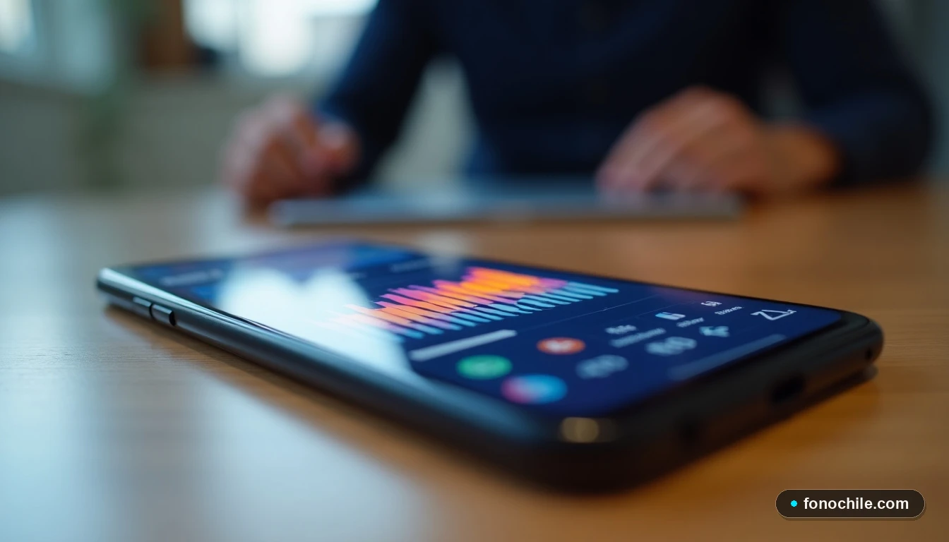 Smartphone mostrando gráficos abstractos de datos de uso de una aplicación de telefonía en Chile.