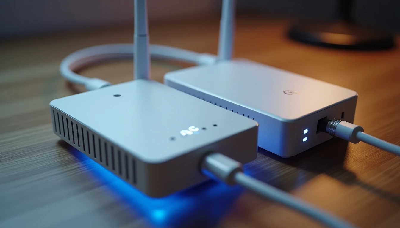 Comparación visual de dispositivos de internet: módem fibra óptica, router 5G y conector coaxial HFC sobre escritorio.