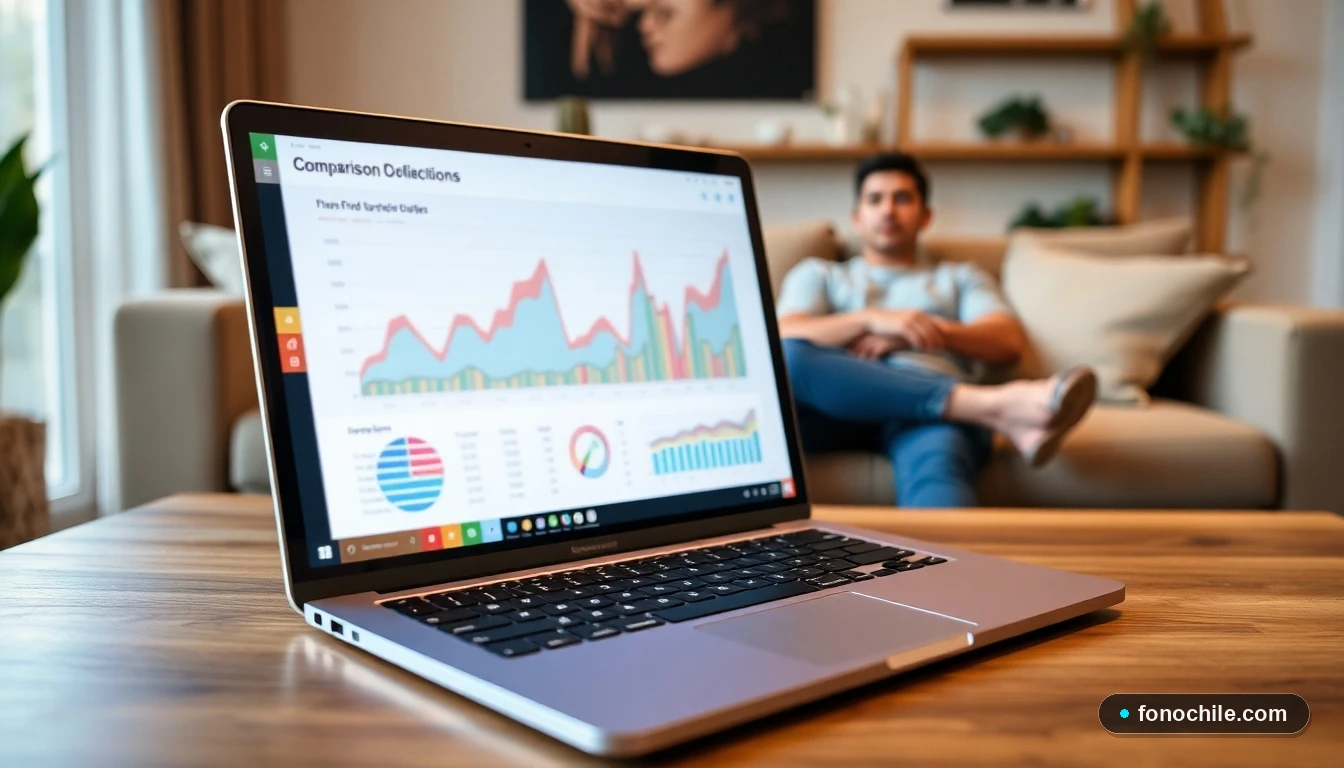 Pantalla de laptop mostrando un comparador de planes de internet con gráficos de velocidad y precio en un ambiente hogareño.