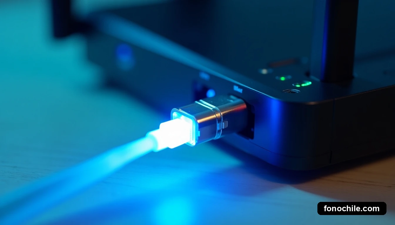 Primer plano del conector de un cable de fibra óptica emitiendo un brillo azul, junto a un router moderno, sobre una mesa de madera clara.