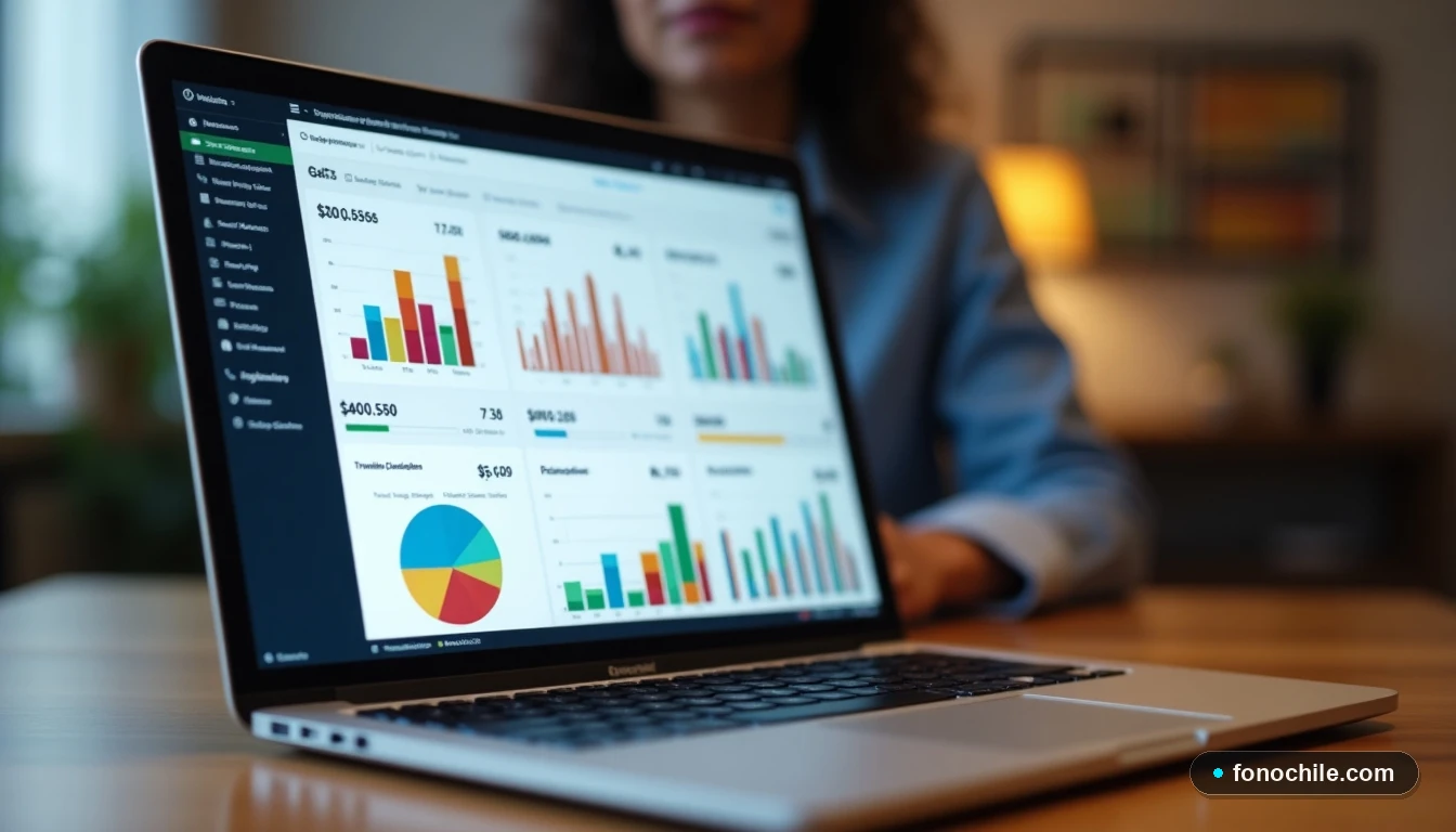 Pantalla de laptop mostrando gráficos abstractos de comparación de planes de internet para ahorrar dinero.