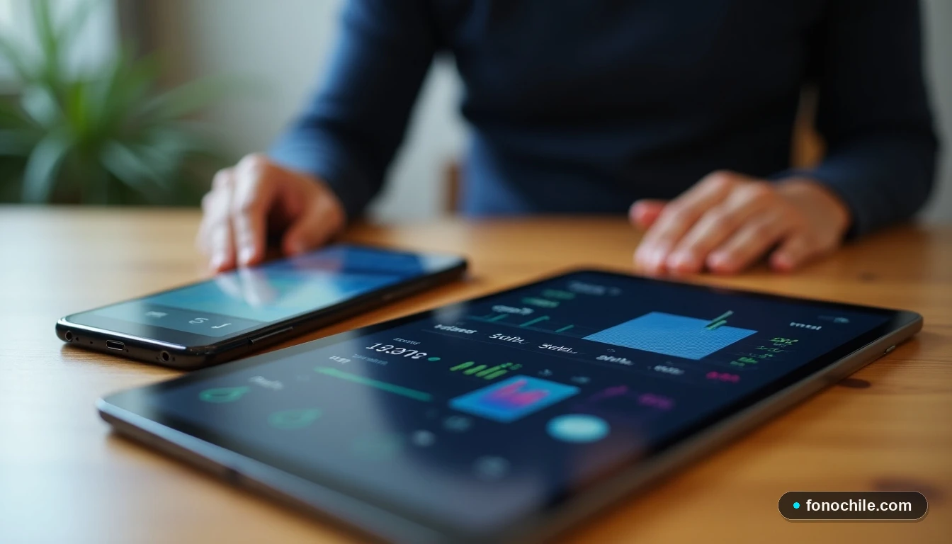 Dispositivos mostrando gráficos abstractos de comparación de velocidad de tecnologías de internet como fibra óptica y 5G.