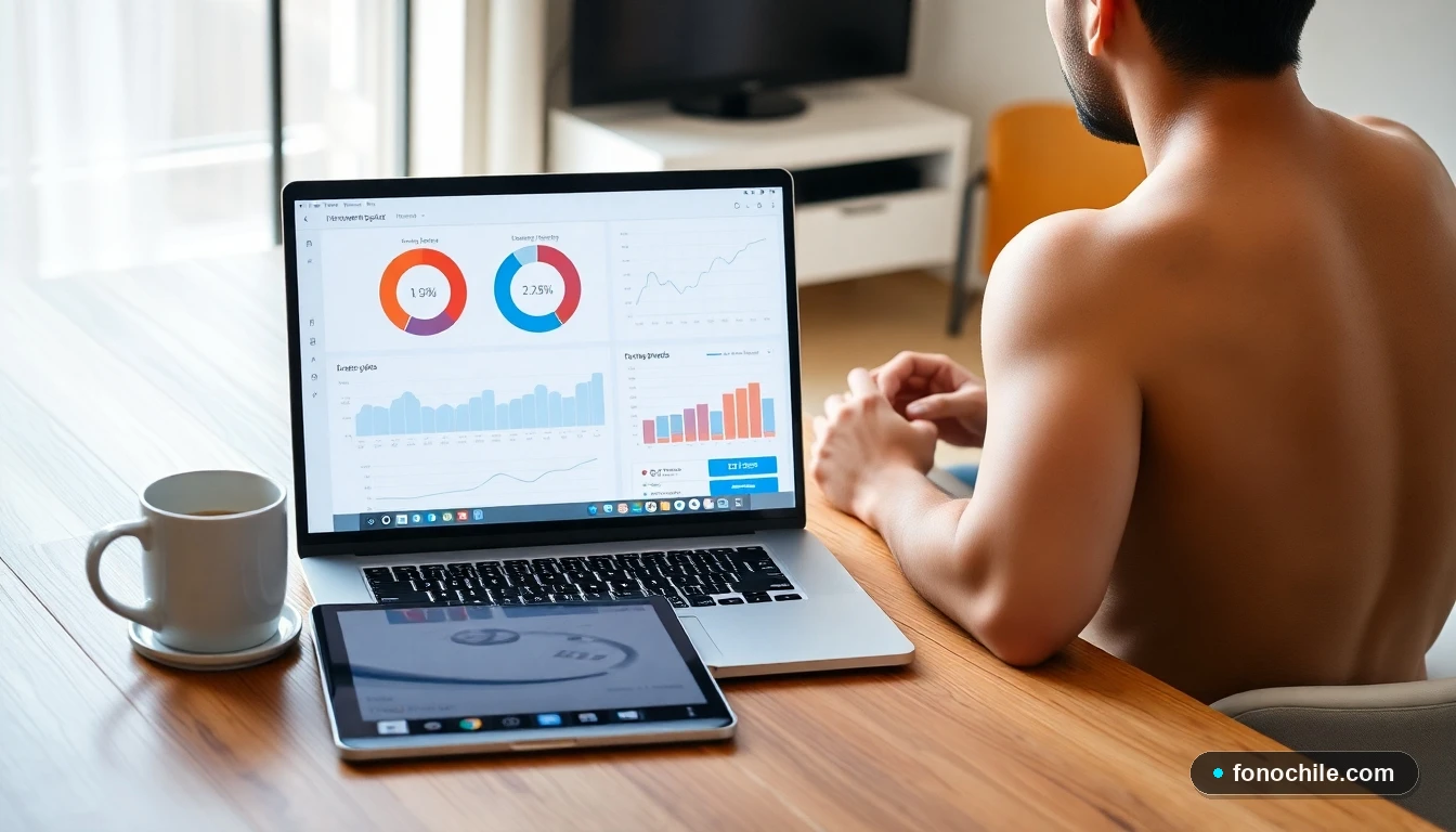 Gráficos comparativos de velocidad de internet en dispositivos modernos sobre una mesa en un hogar chileno