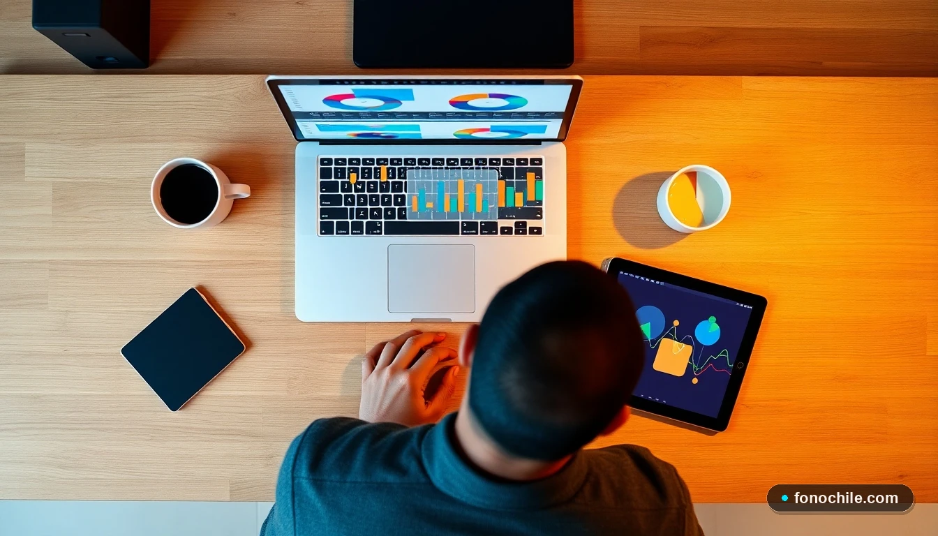 Comparación visual de datos de planes de internet y televisión en una mesa de trabajo moderna, mostrando gráficos de colores abstractos.