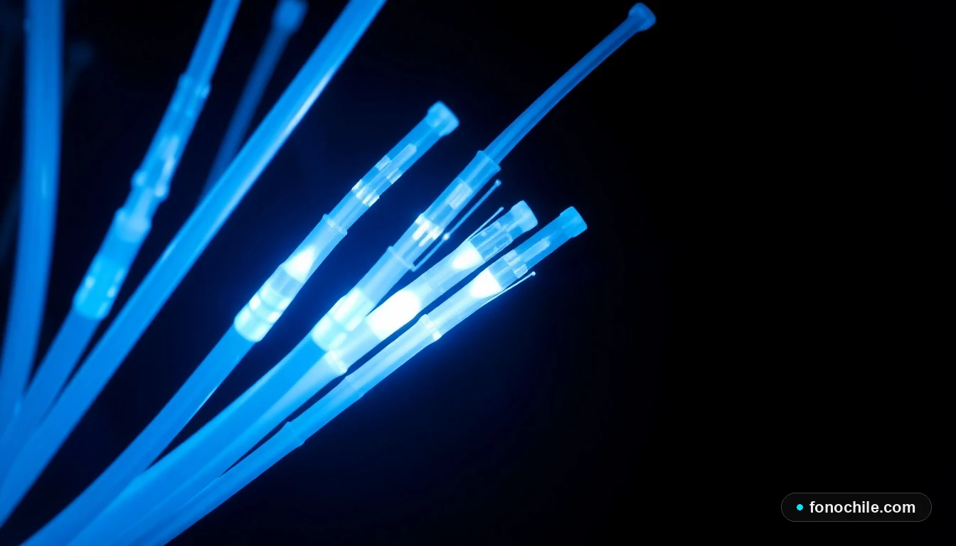 Primer plano de cables de fibra óptica iluminados, representando alta velocidad y tecnología de internet.