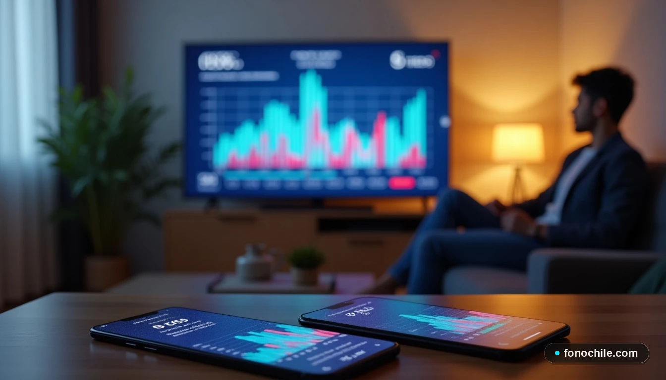 Gráficos de rendimiento de streaming en una televisión y dispositivos móviles sobre una mesa, mostrando la comparación de paquetes de internet.