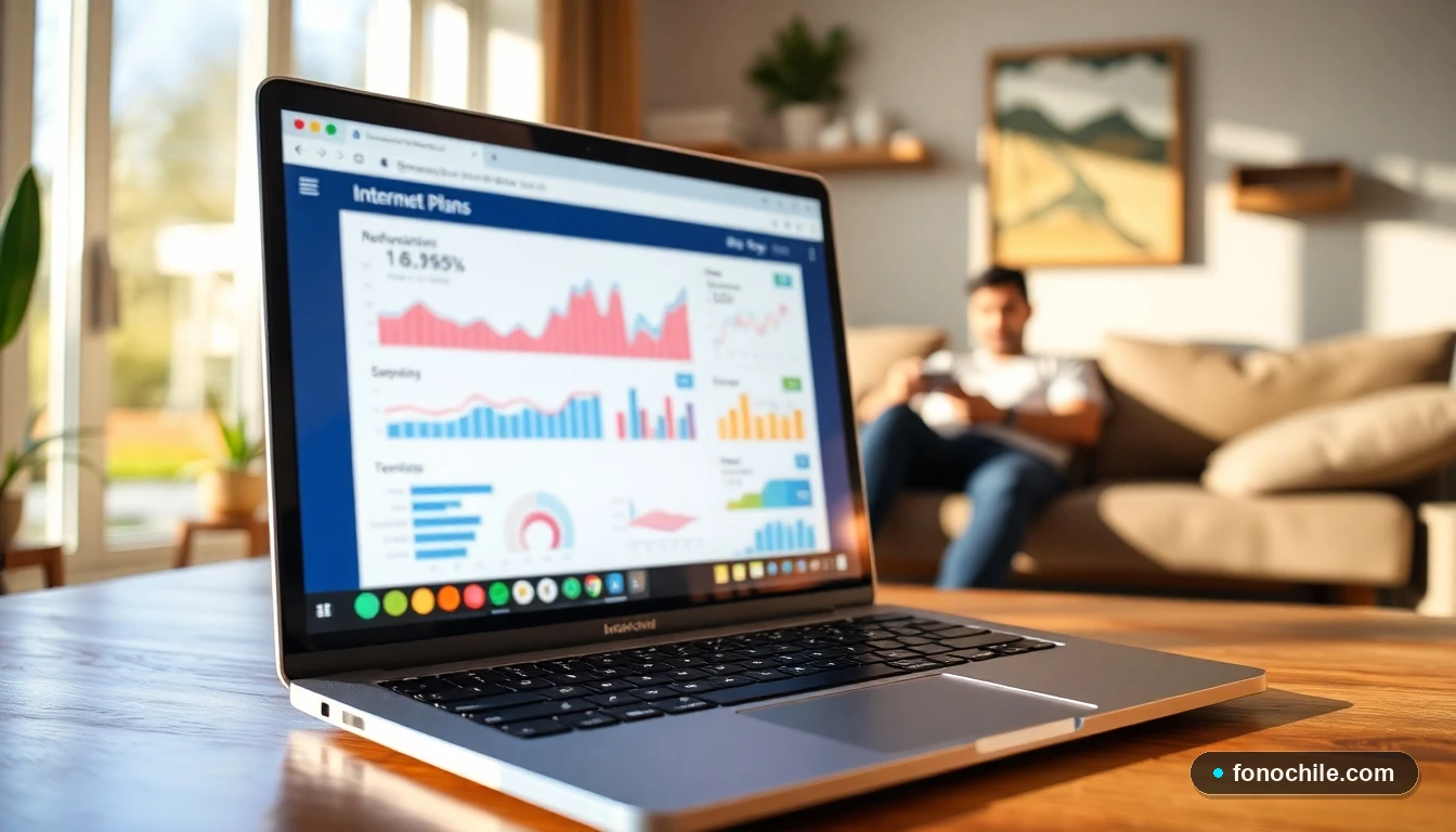 Laptop mostrando comparación abstracta de planes de internet en un hogar chileno moderno