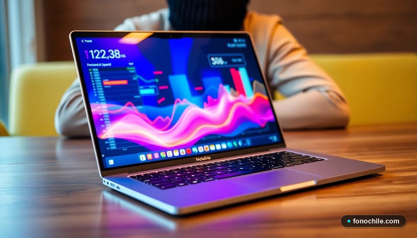 Laptop mostrando gráficos abstractos de colores para comparar velocidades de internet en el hogar