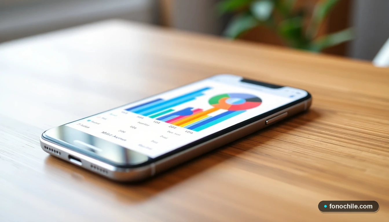 Smartphone mostrando una gráfica abstracta de comparación de planes móviles con colores vibrantes sobre una mesa de madera.