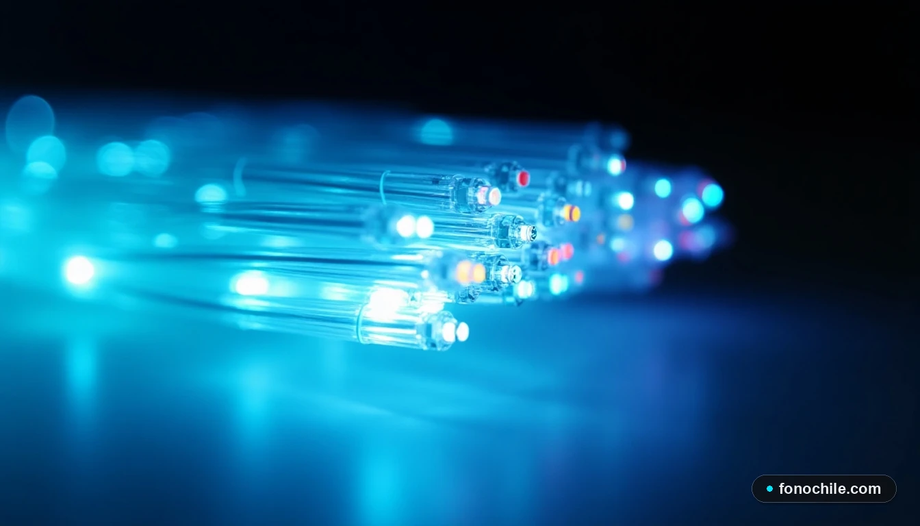 Detalle macro de cables de fibra óptica iluminados, representando la velocidad y tecnología de los planes de internet.