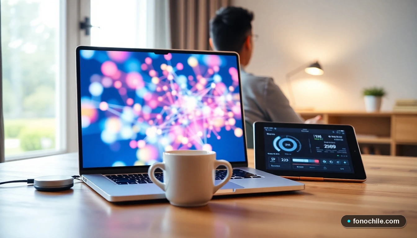 Configuración de oficina en casa con dispositivos mostrando un análisis abstracto de velocidad y conectividad de red.