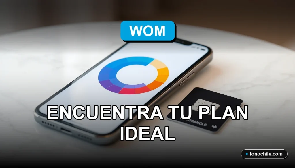 Comparativa de planes de telefonía móvil WOM 2026 sobre una mesa moderna con gráficos abstractos.