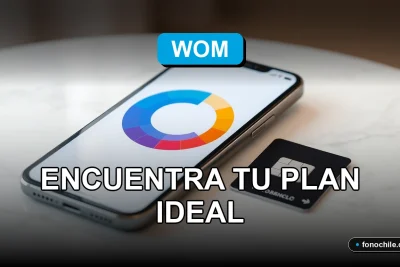 Comparativa de planes de telefonía móvil WOM 2026 sobre una mesa moderna con gráficos abstractos.