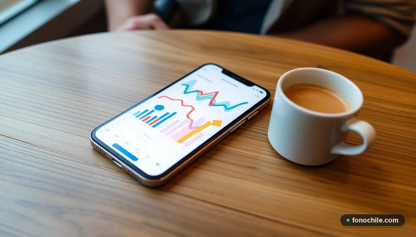 Smartphone mostrando gráficos abstractos de comparación de planes de salud en colores vibrantes.
