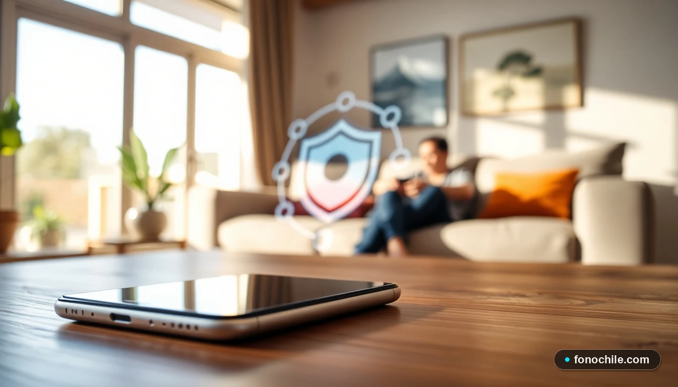 Smartphone moderno mostrando una interfaz abstracta de seguridad en un entorno hogareño chileno, concepto de protección integral.