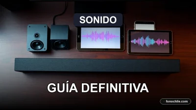 Comparativa de equipos de sonido y altavoces modernos sobre una mesa de madera con gráficos abstractos en pantallas.