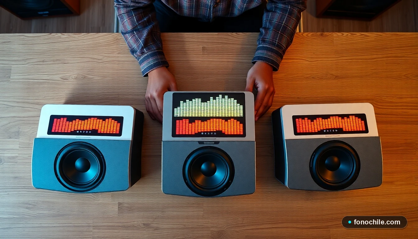 Vista superior comparando tres equipos de sonido modernos con pantallas LED mostrando gráficos de ecualización de colores.