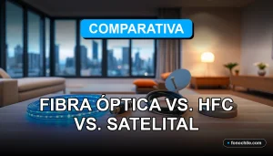 Comparativa visual de tecnologías de internet para el hogar: fibra óptica, HFC y satelital en un entorno moderno.