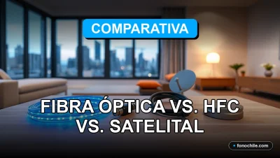 Comparativa visual de tecnologías de internet para el hogar: fibra óptica, HFC y satelital en un entorno moderno.