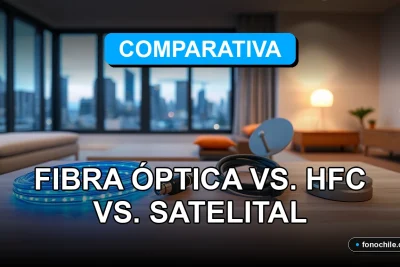 Comparativa visual de tecnologías de internet para el hogar: fibra óptica, HFC y satelital en un entorno moderno.