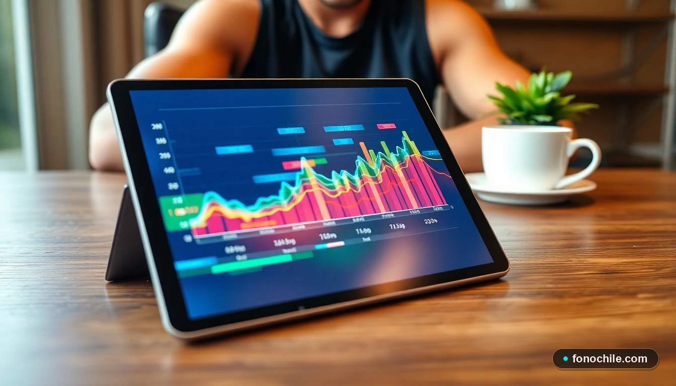 Gráfico comparativo abstracto de velocidad y latencia de diferentes tecnologías de internet residencial en una tablet moderna.