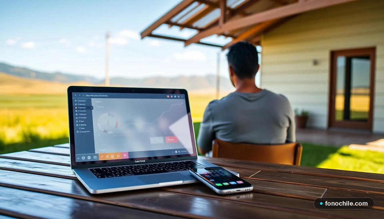 Dispositivos tecnológicos mostrando conectividad en una casa rural chilena rodeada de naturaleza.