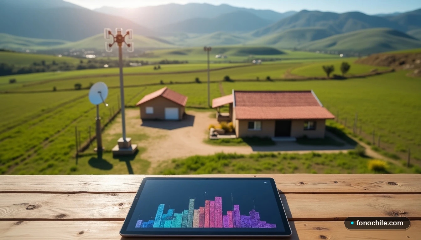 Tecnologías de internet rural en Chile: antena satelital y 4G en un entorno campestre.