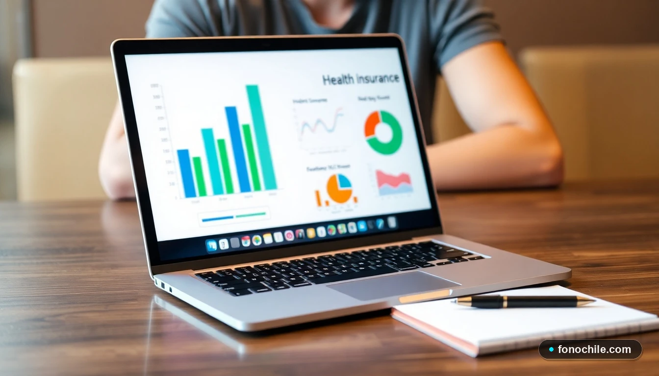 Gráficos abstractos de colores comparando datos de planes de salud en una laptop moderna.