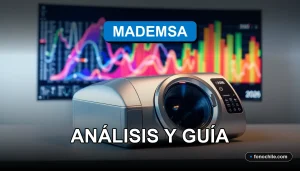 Comparativa de lavadoras Mademsa 2026 sobre una mesa de diseño moderna con gráficos abstractos en una pantalla.