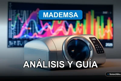 Comparativa de lavadoras Mademsa 2026 sobre una mesa de diseño moderna con gráficos abstractos en una pantalla.