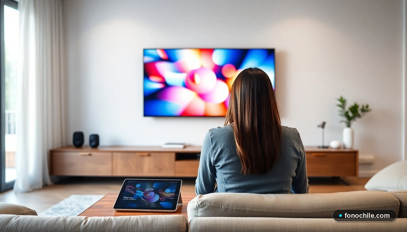 Dispositivos tecnológicos en una sala chilena moderna mostrando gráficos abstractos de servicios de streaming en pantalla.