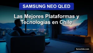 Hombre relajado en sofá moderno mirando contenido 8K en un televisor Samsung Neo QLED con tecnología de pantalla Quantum Matrix en una sala chilena con vista a los Andes al atardecer.