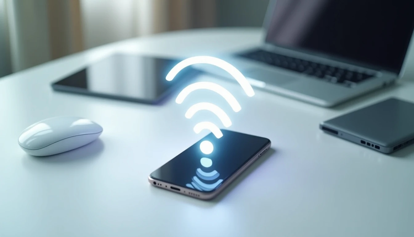 Celular compartiendo conexión Wi-Fi como punto de acceso a otros dispositivos en un entorno moderno.