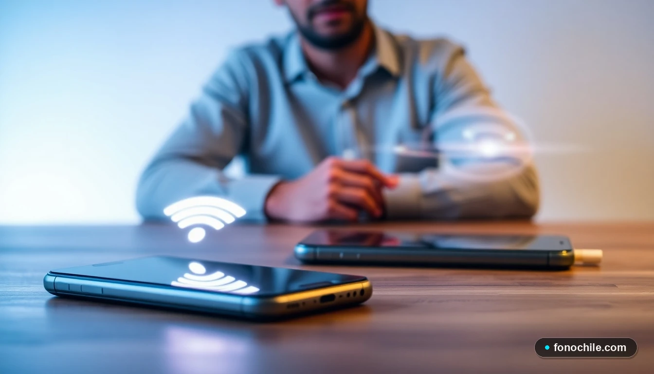 Dos smartphones en una mesa compartiendo conexión de datos móviles de forma eficiente en Chile.
