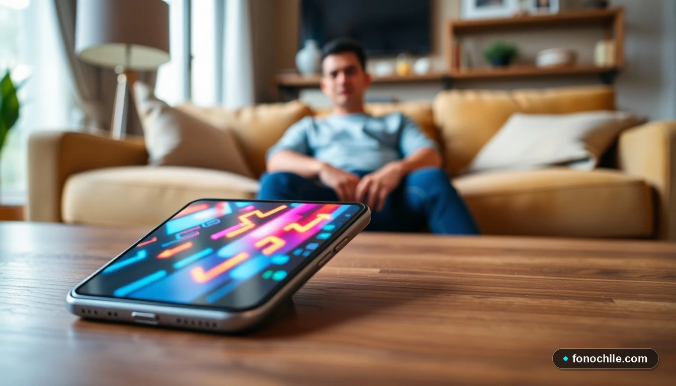 Smartphone mostrando una interfaz gráfica abstracta de transferencia de datos, representando el proceso de compartir saldo móvil.