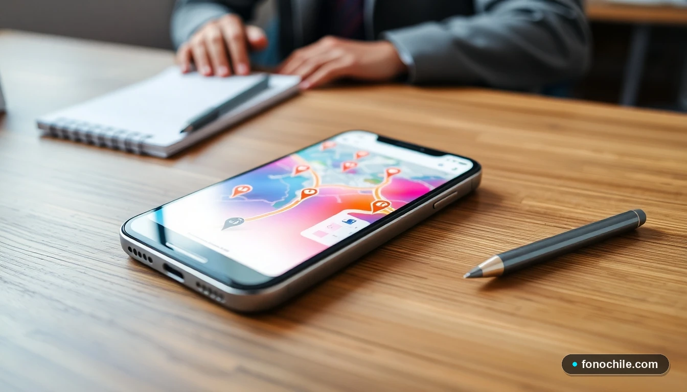 Smartphone mostrando un mapa de Santiago con ubicación de complejos deportivos y estadios.