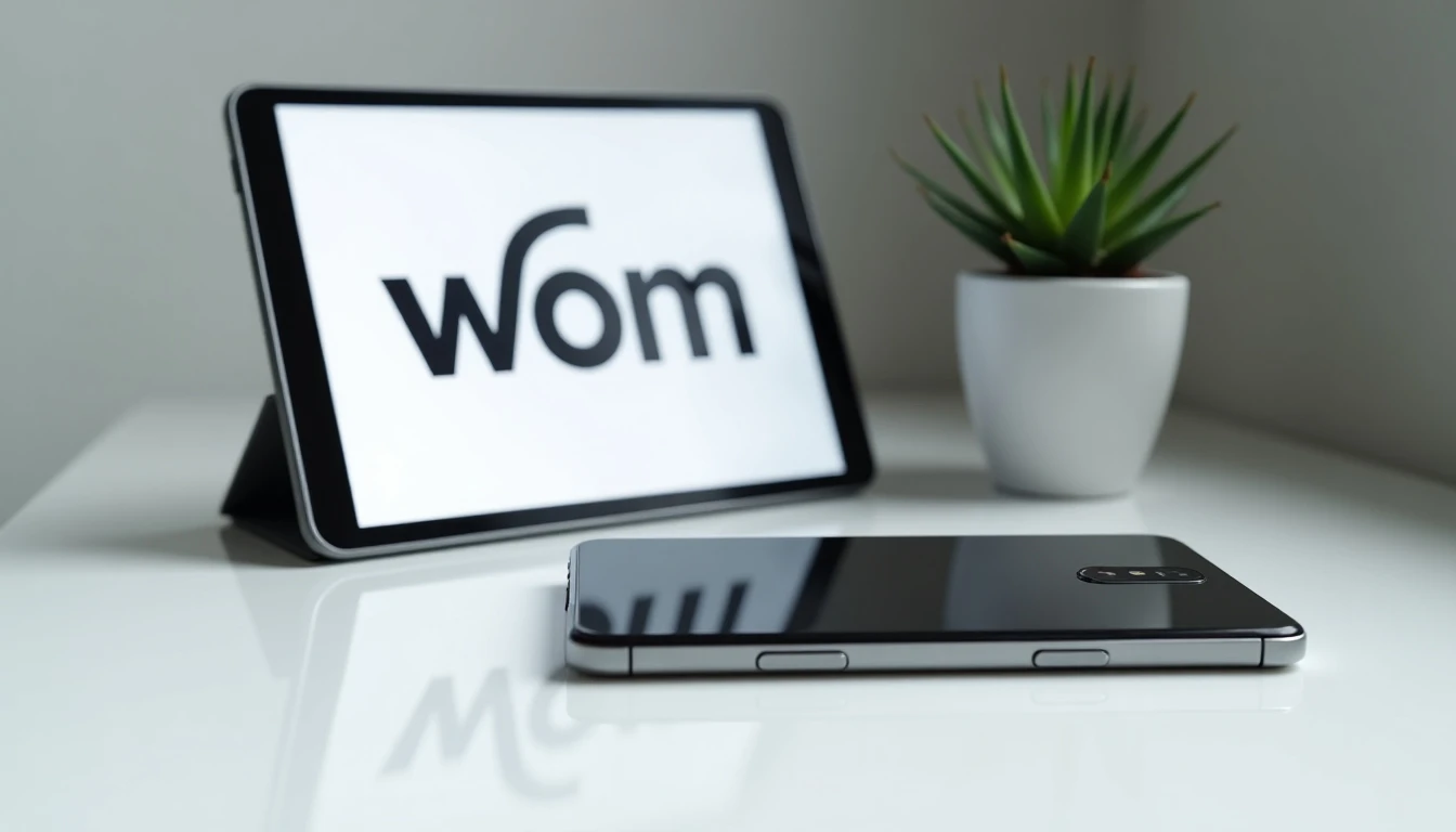 Smartphone WOM sobre escritorio, mostrando proceso de compra y renovación de equipos móviles.