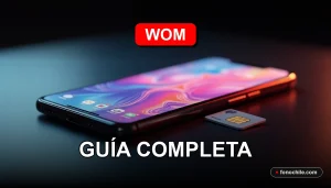 Un moderno teléfono inteligente y una tarjeta SIM WOM, sobre una mesa de vidrio, mostrando gráficos abstractos de colores en su pantalla.