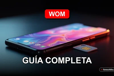 Un moderno teléfono inteligente y una tarjeta SIM WOM, sobre una mesa de vidrio, mostrando gráficos abstractos de colores en su pantalla.