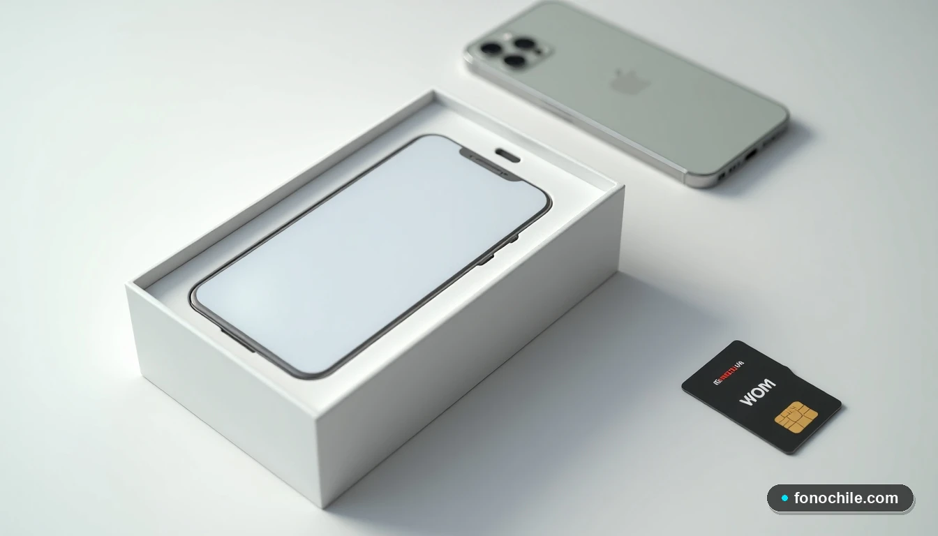 Vista superior de un nuevo teléfono inteligente en su caja junto a una tarjeta SIM WOM, comparado con un modelo anterior, sobre una superficie blanca.