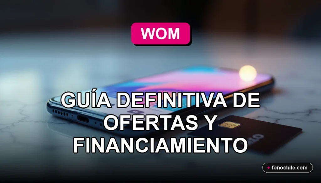 Oferta de celulares modernos en WOM 2026 con opciones de financiamiento, mostrando un teléfono inteligente de alta gama.